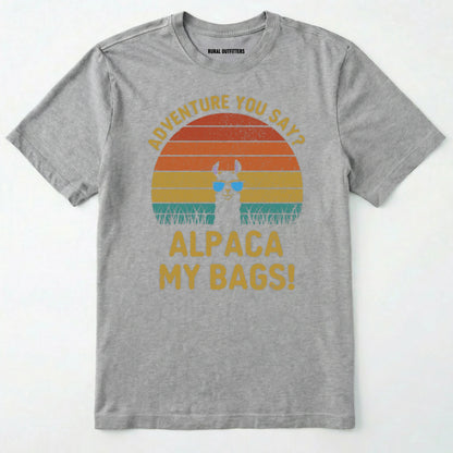 Sport Grey alpaca my bags shirt with retro sunset and llama graphic on a white background.