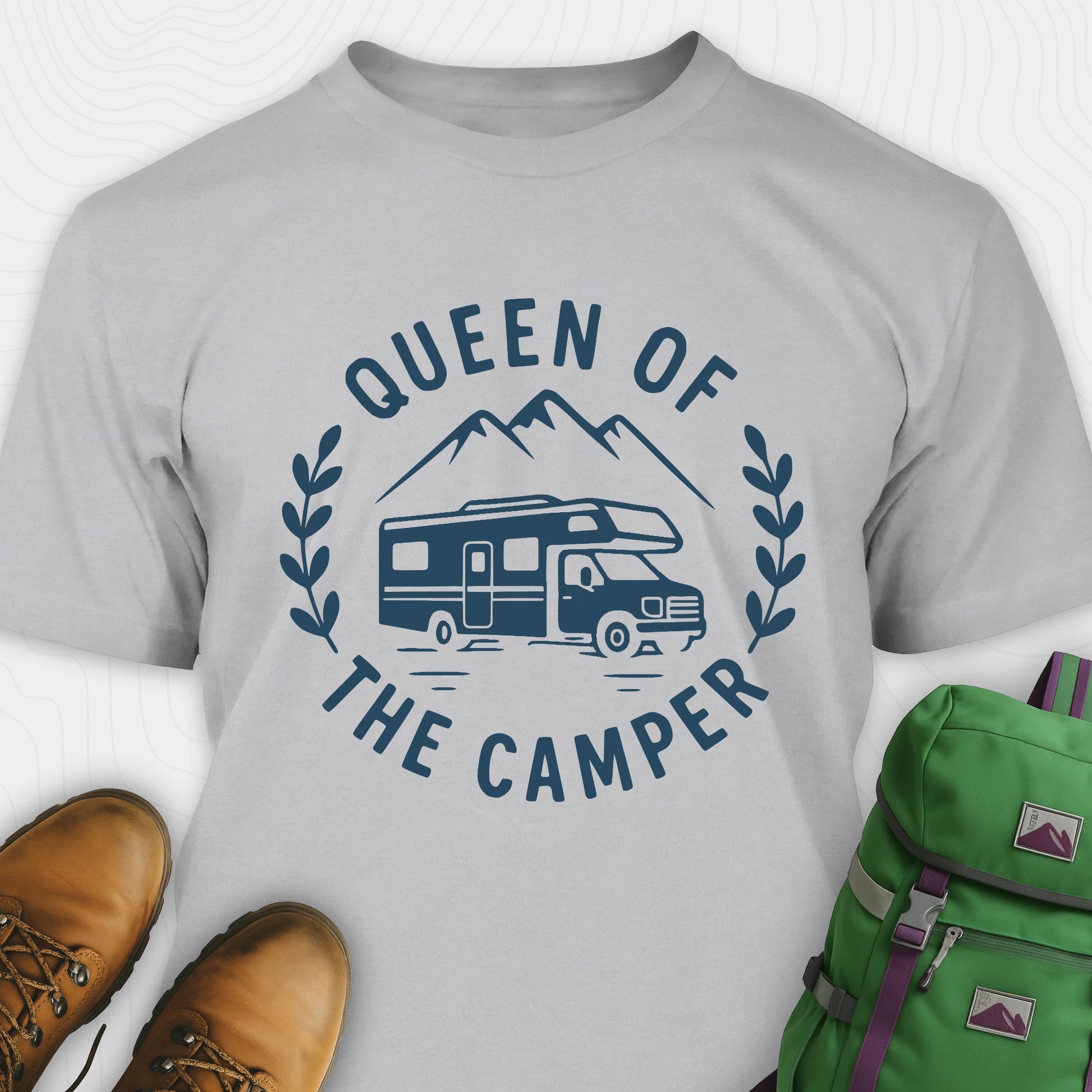 Grey queen of the camper shirt with rv graphic and mountain design