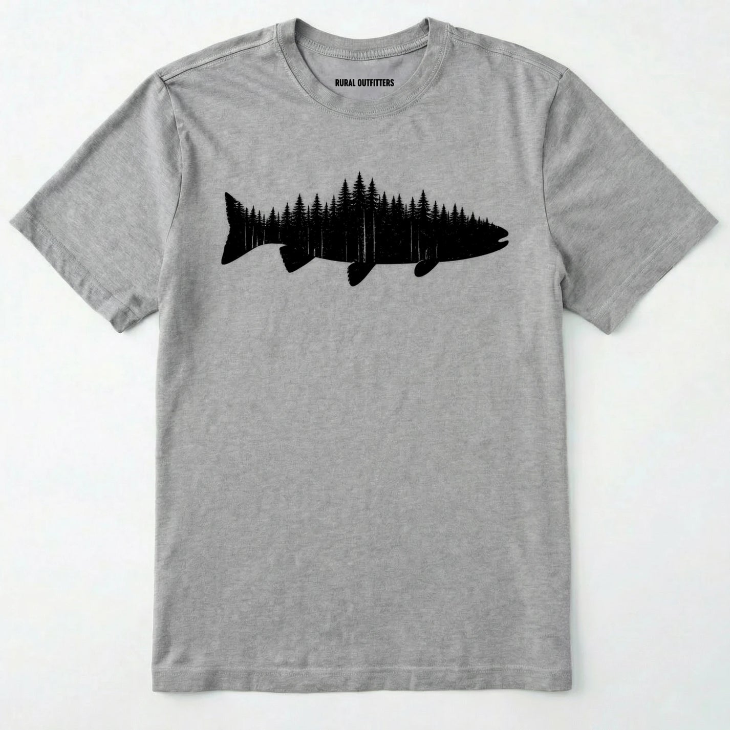 Sport Grey t-shirt with a black fish and forest graphic on a white background