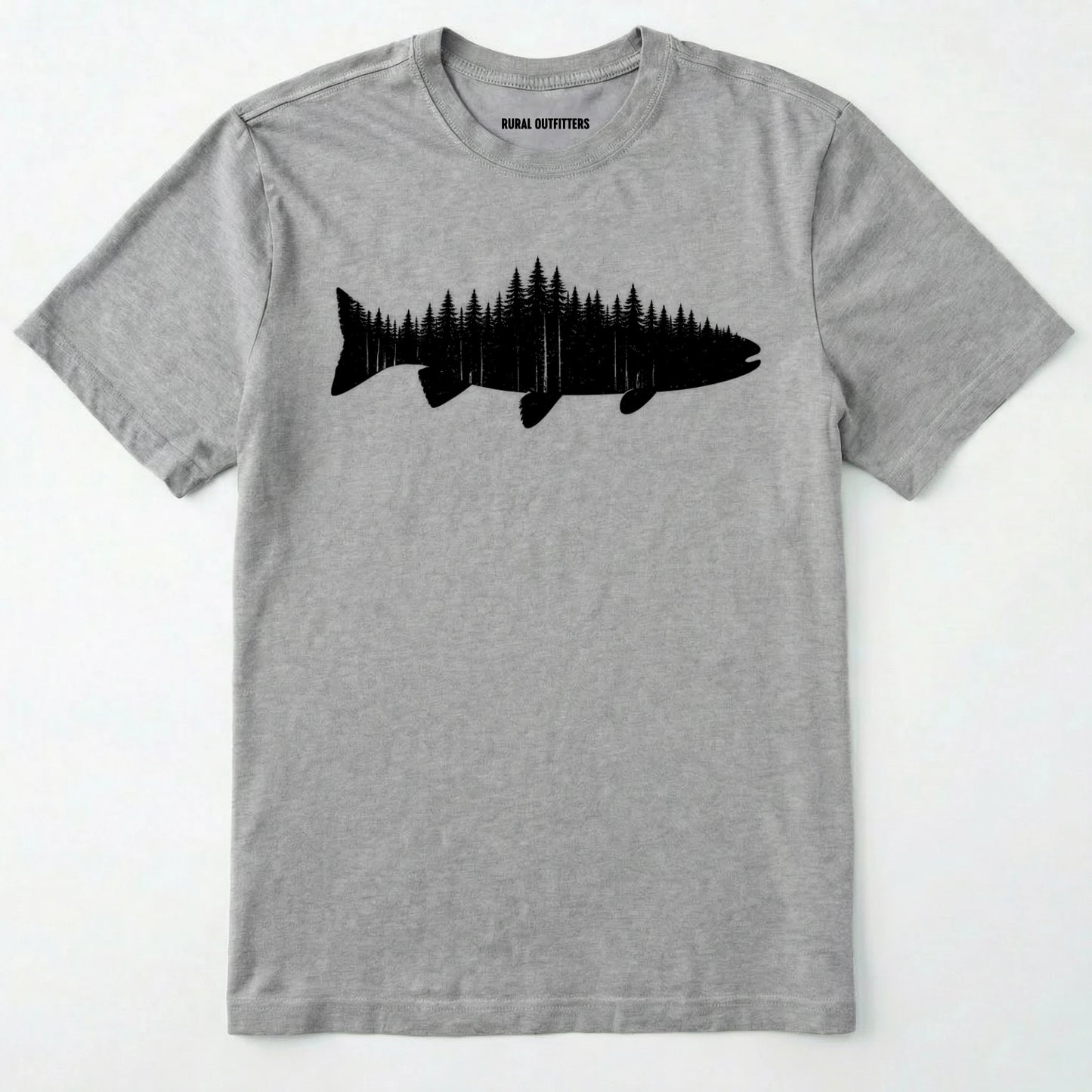 Sport Grey t-shirt with a black fish and forest graphic on a white background