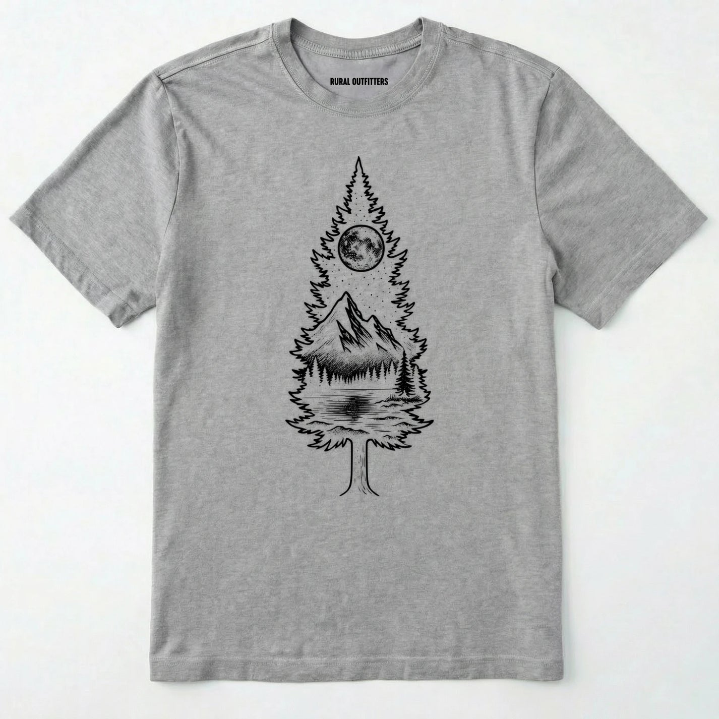 Sport Grey tree t-shirt featuring a detailed white graphic of a pine tree silhouette. the tree outline contains a landscape scene: a mountain peak rising over a forested shoreline, with its reflection visible in a lake below. above the mountain is a starry night sky and a full or partial circle representing the moon or sun.