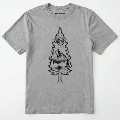 Sport Grey tree t-shirt featuring a detailed white graphic of a pine tree silhouette. the tree outline contains a landscape scene: a mountain peak rising over a forested shoreline, with its reflection visible in a lake below. above the mountain is a starry night sky and a full or partial circle representing the moon or sun.