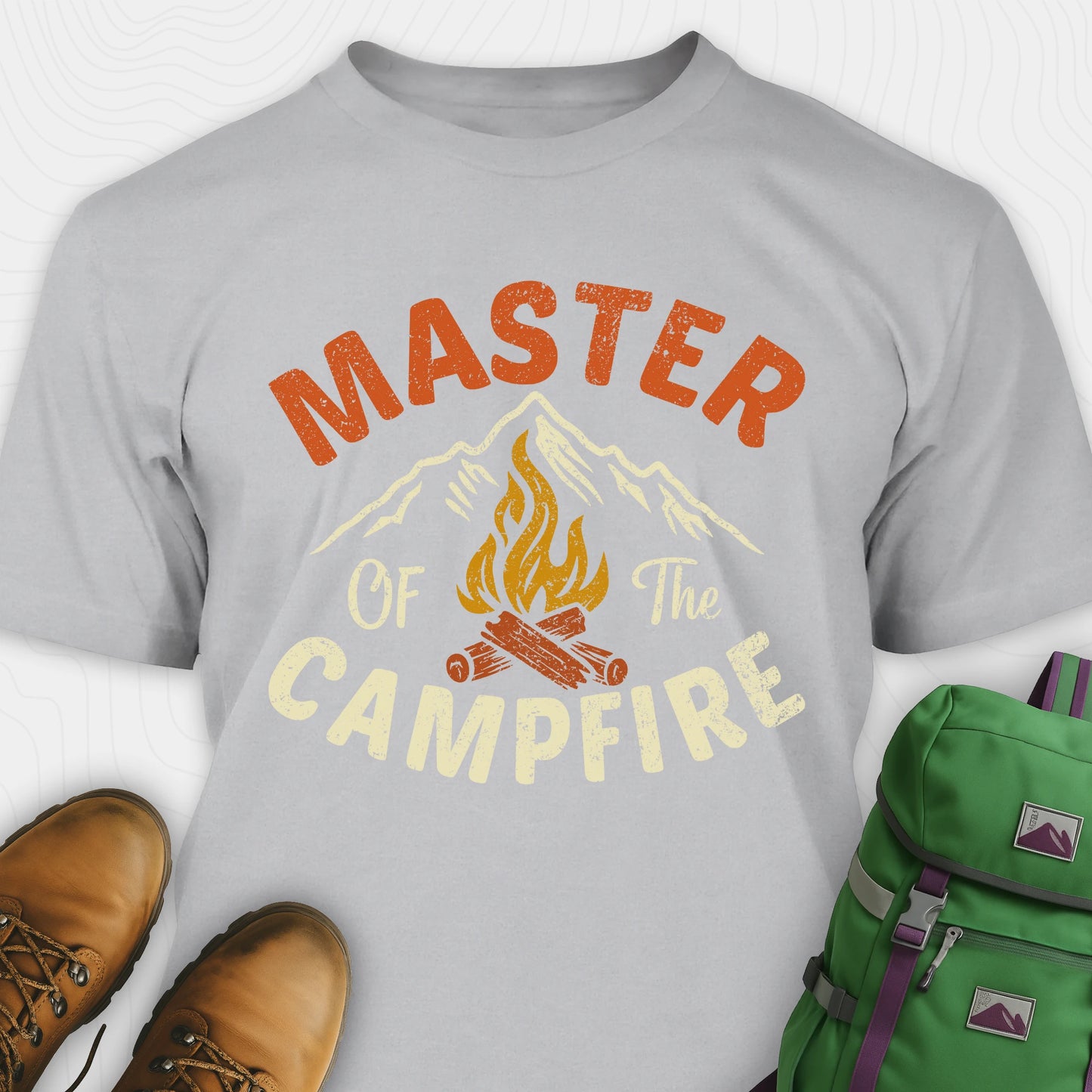 Grey fire starter shirt with retro campfire and mountain graphic, featuring "Master of the campfire" text