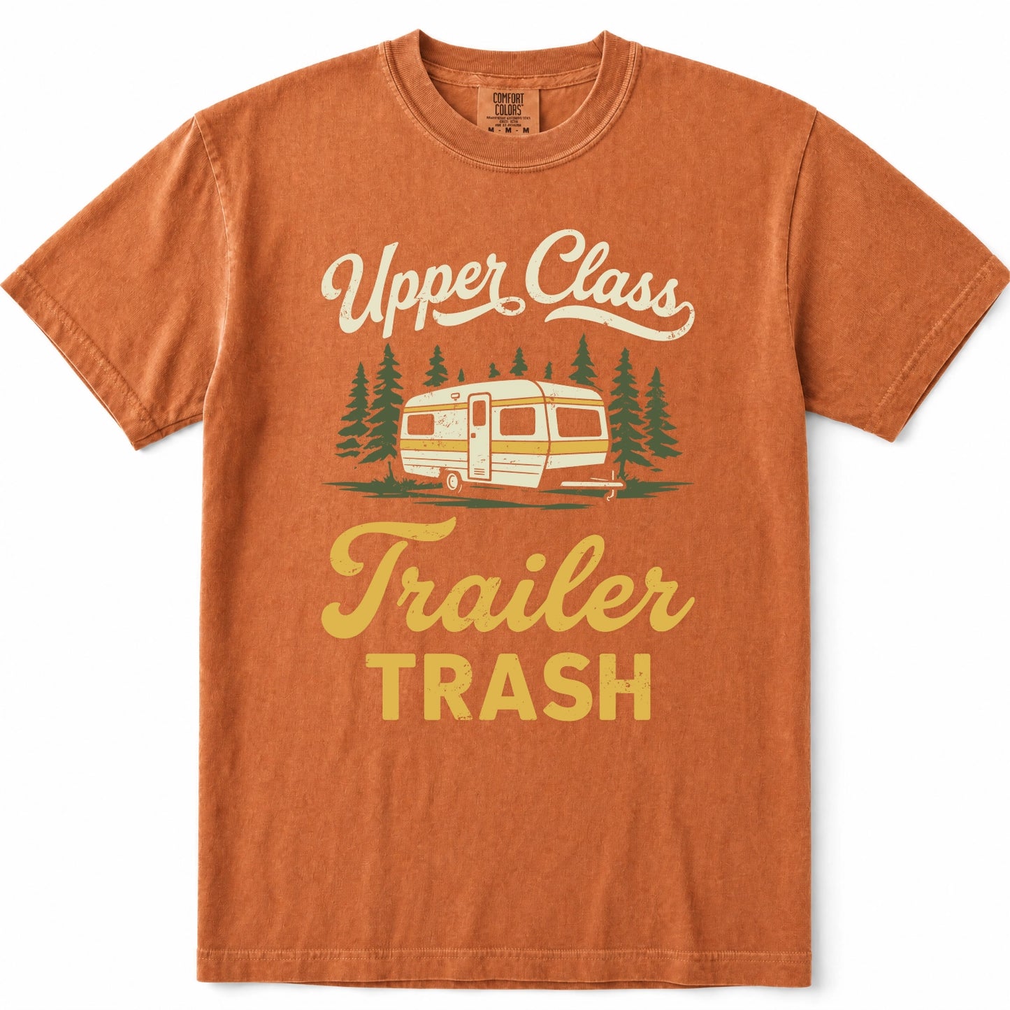Yam crewneck t-shirt with a vintage-style graphic on the front featuring the text 'Upper Class Trailer TRASH' and an illustration of a retro camper van surrounded by pine trees.