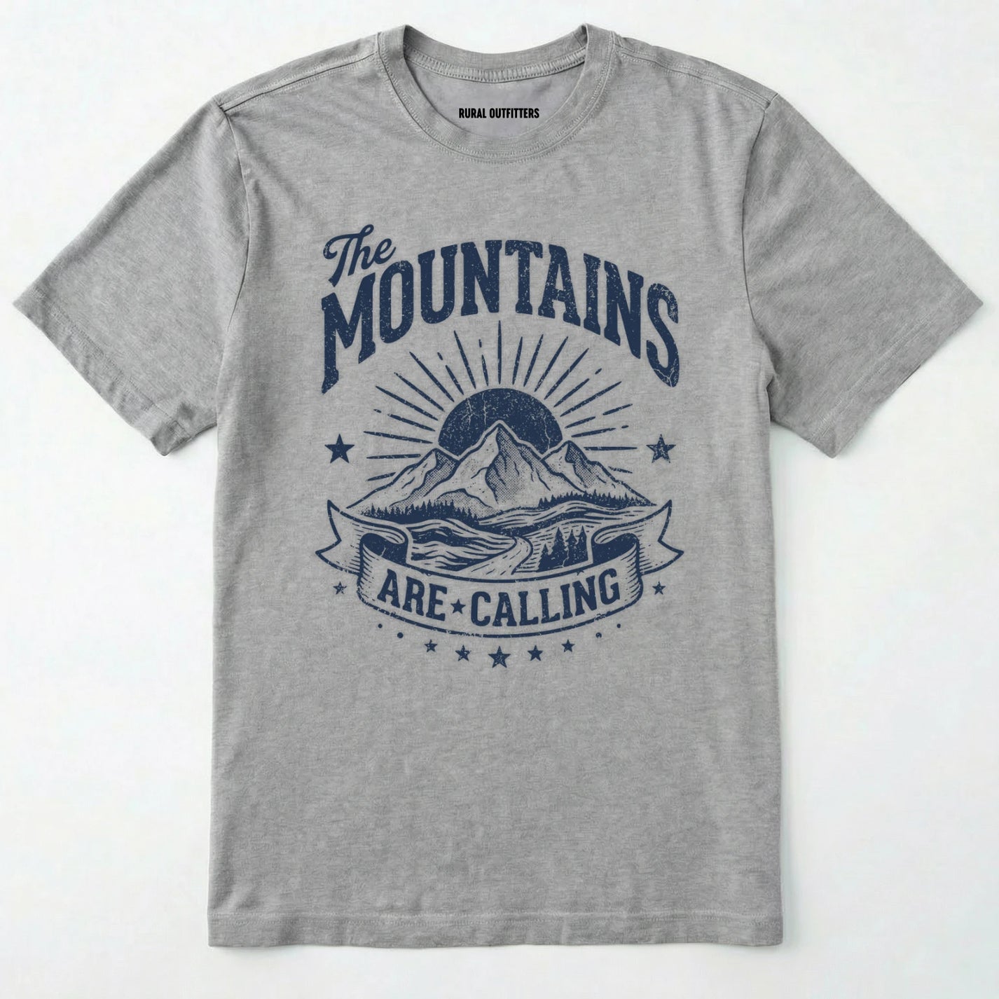 Sport Grey t-shirt with 'the mountains are calling' graphic design on a white background