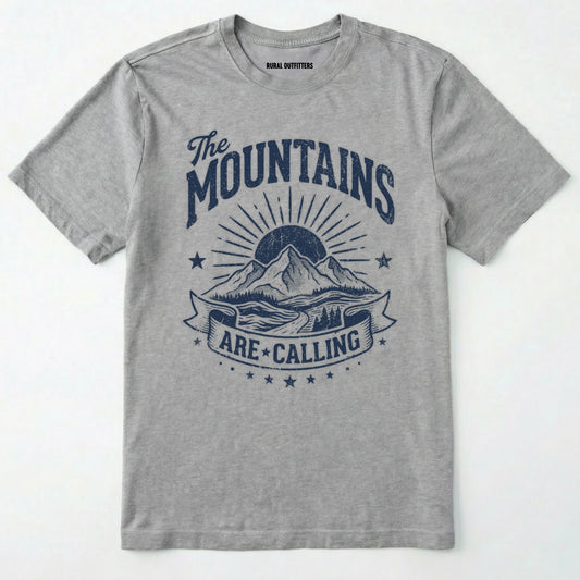 Sport Grey t-shirt with 'the mountains are calling' graphic design on a white background