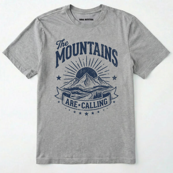Sport Grey t-shirt with 'the mountains are calling' graphic design on a white background