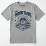 Sport Grey t-shirt with 'the mountains are calling' graphic design on a white background