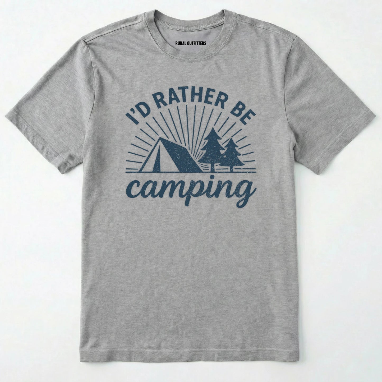 Sport Grey camping shirt with 'i'd rather be camping' with tent and trees graphic on a white background.