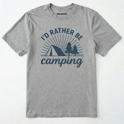 Sport Grey camping shirt with 'i'd rather be camping' with tent and trees graphic on a white background.