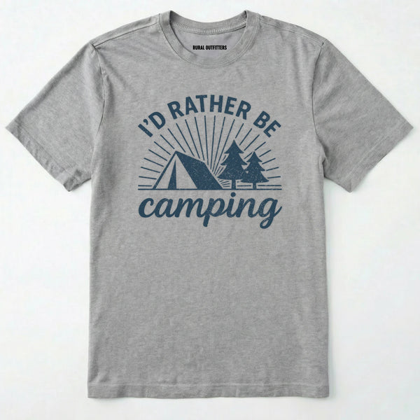 Sport Grey camping shirt with 'i'd rather be camping' with tent and trees graphic on a white background.