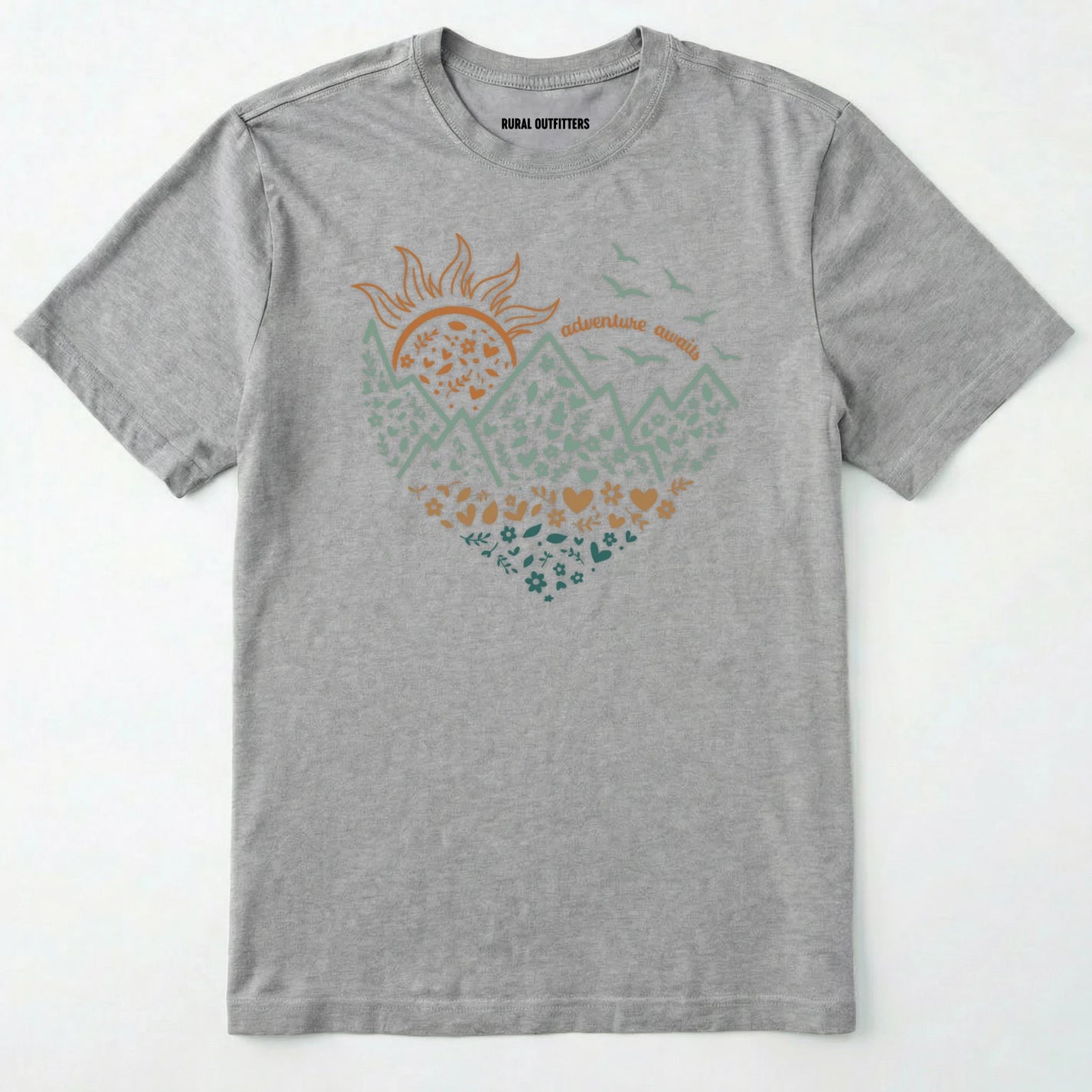 Sport Grey adventure awaits shirt with a floral nature heart, mountain and sun illustration on a white background.