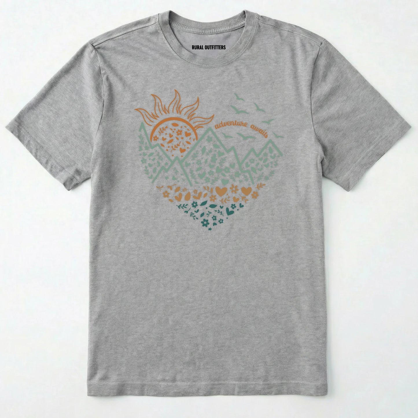 Sport Grey adventure awaits shirt with a floral nature heart, mountain and sun illustration on a white background.