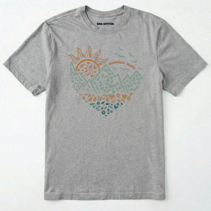 Sport Grey adventure awaits shirt with a floral nature heart, mountain and sun illustration on a white background.