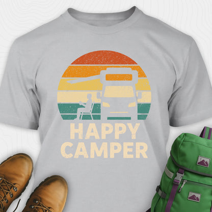 Grey happy camper shirt with retro rv graphic