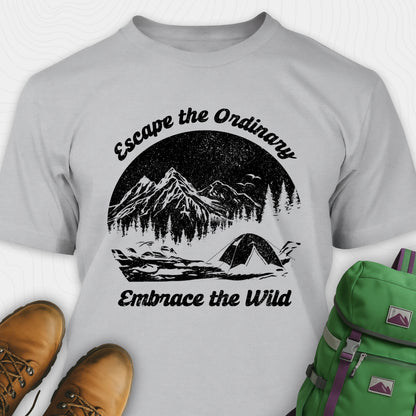 Gray escape the ordinary t-shirt with mountain and tent graphic