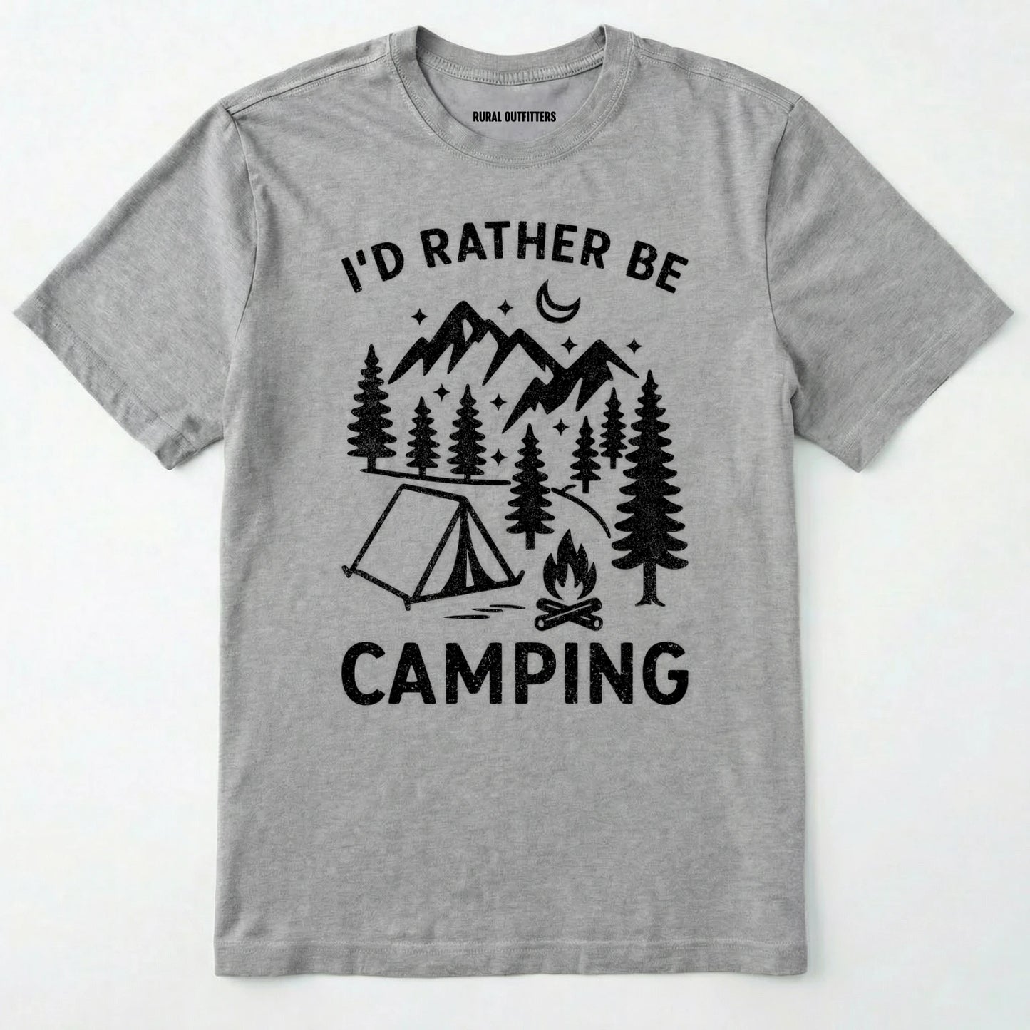 Sport Grey t-shirt with 'i'd rather be camping' text and camping graphic on a white background