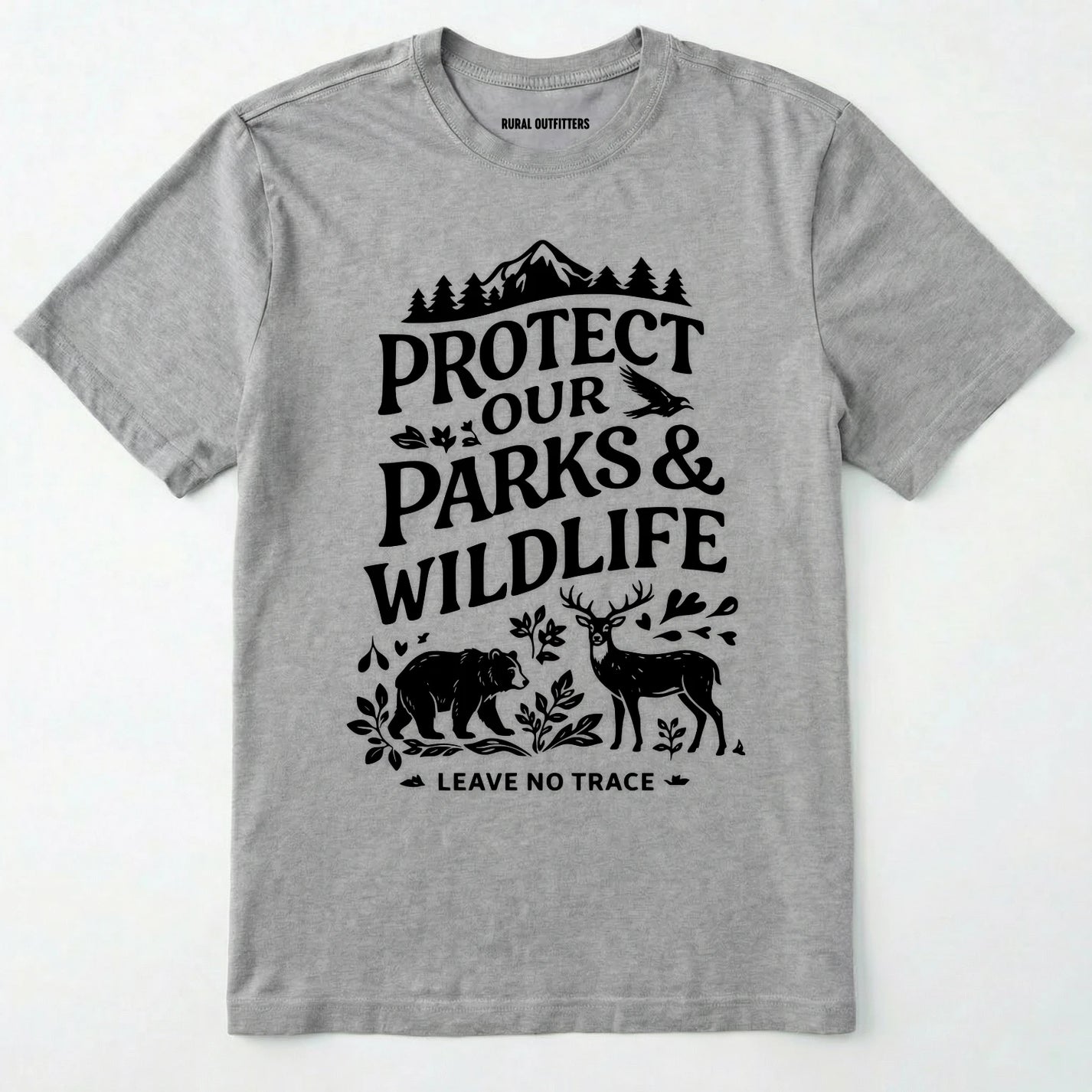 Sport Grey t-shirt with black graphic and text 'protect our parks & wildlife leave no trace' on a white background