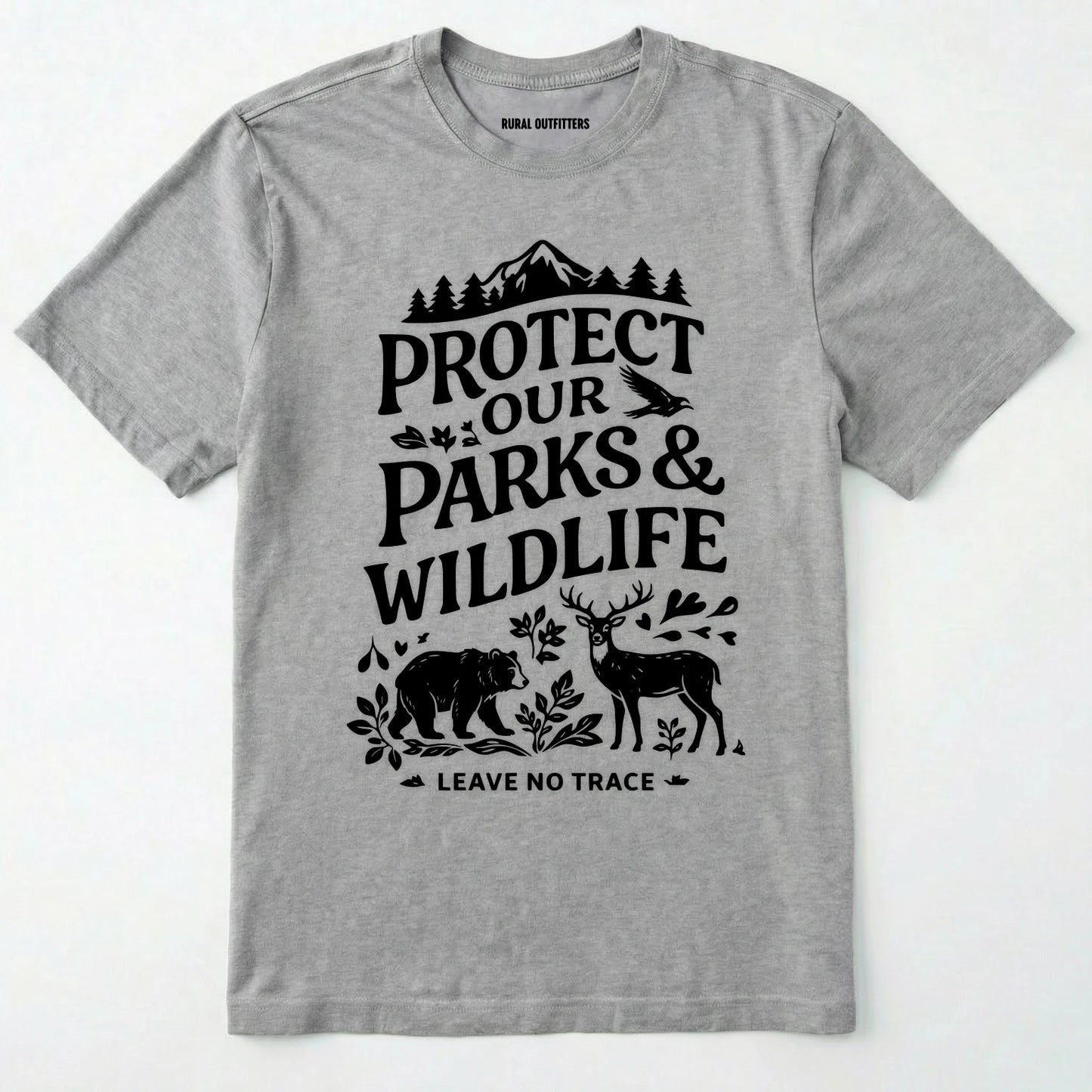 Sport Grey t-shirt with black graphic and text 'protect our parks & wildlife leave no trace' on a white background