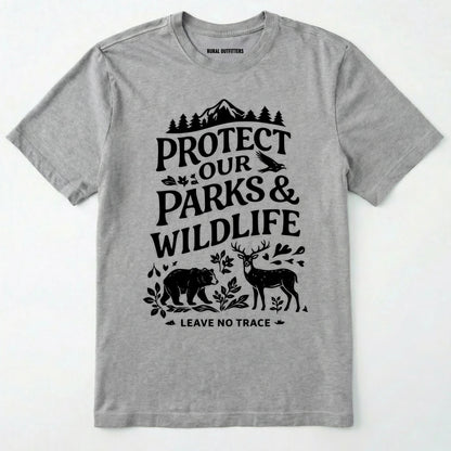 Sport Grey t-shirt with black graphic and text 'protect our parks & wildlife leave no trace' on a white background