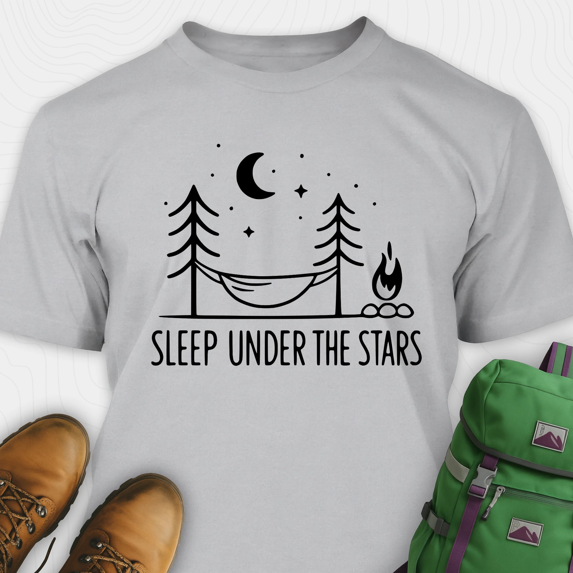 Grey night sky shirt with hammock moon stars and campfire design