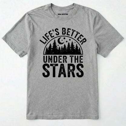 Sport Grey life's better under the stars t-shirt with forest and moon graphic on a white background.