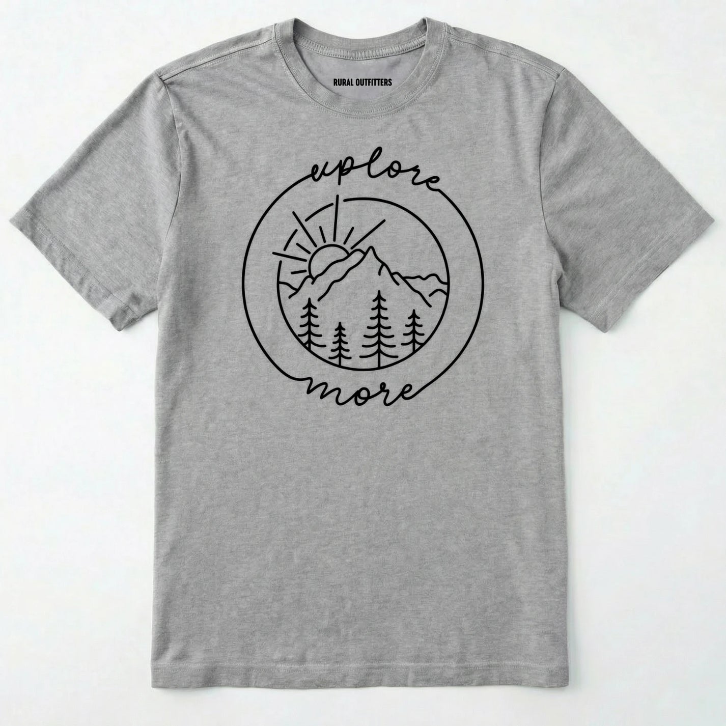 Sport Grey explorer shirt with 'explore more' text and mountain graphic design on a white background