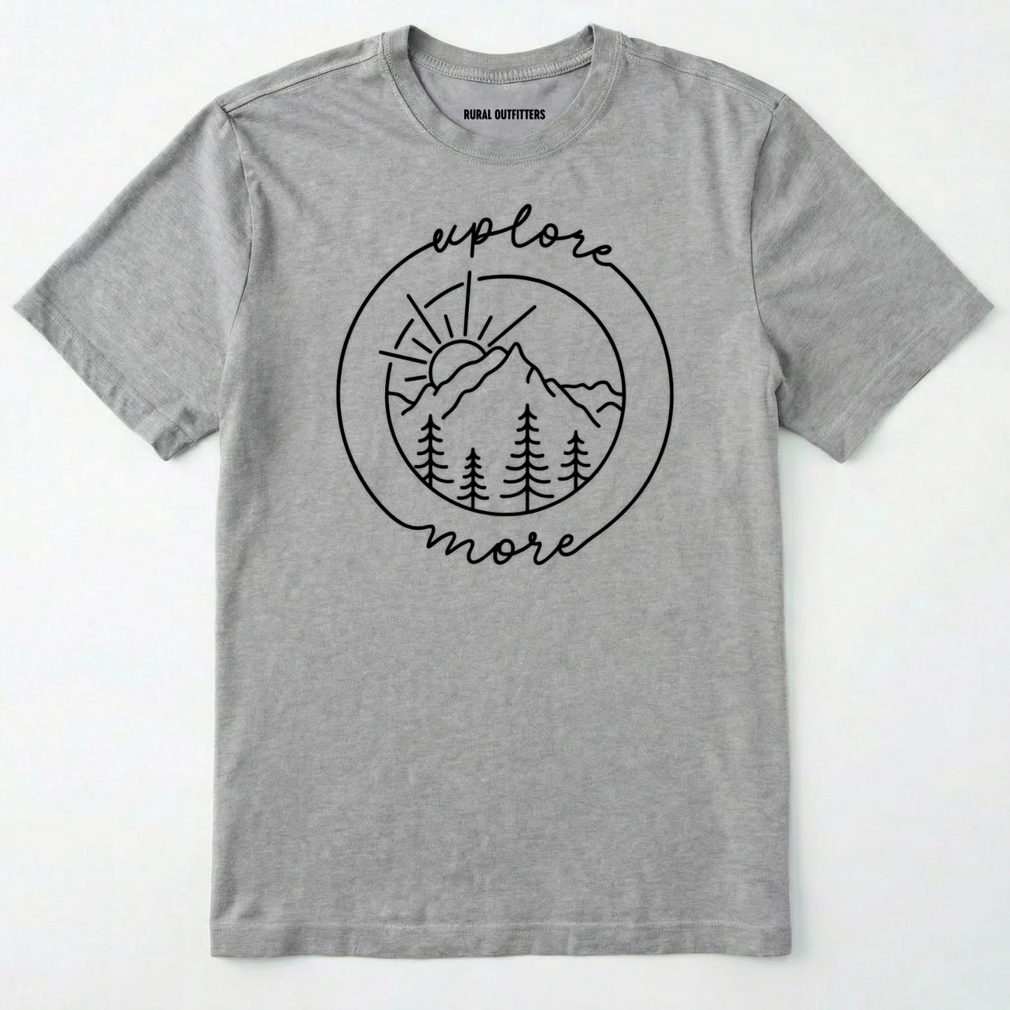 Sport Grey explorer shirt with 'explore more' text and mountain graphic design on a white background