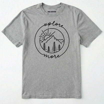 Sport Grey explorer shirt with 'explore more' text and mountain graphic design on a white background