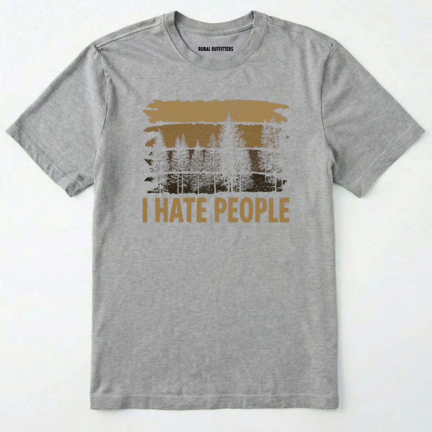 Sport Grey i hate people t-shirt with a distressed forest graphic on a white background.