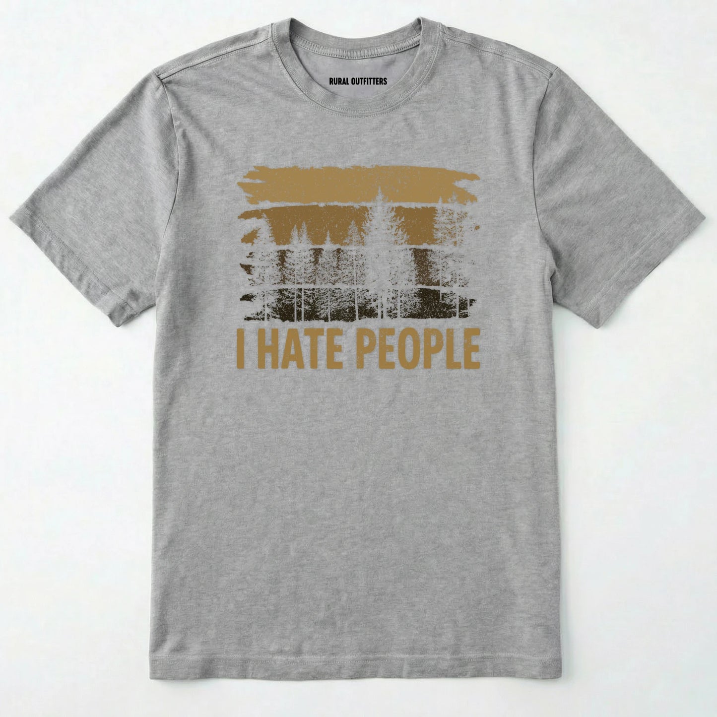 Sport Grey i hate people t-shirt with a distressed forest graphic on a white background.