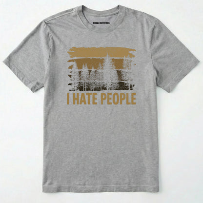 Sport Grey i hate people t-shirt with a distressed forest graphic on a white background.
