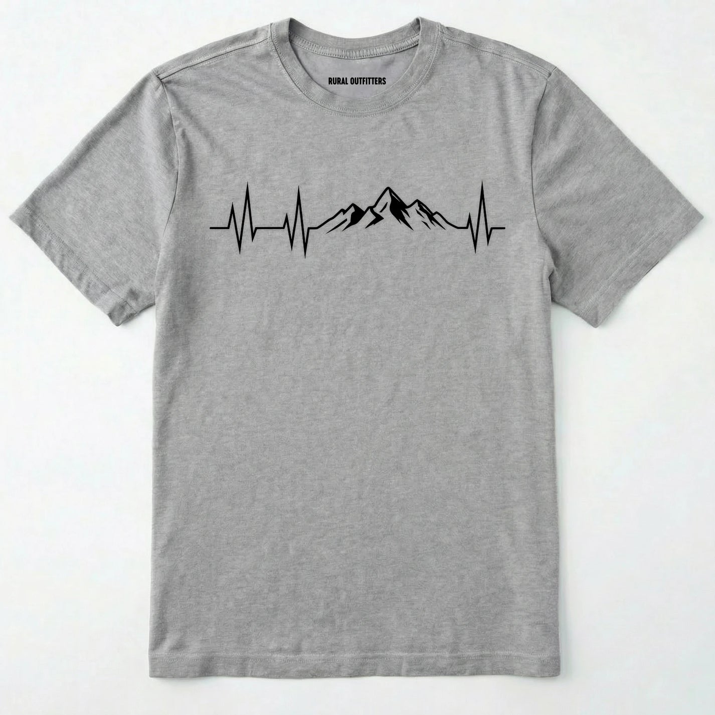 Sport Grey mountain heartbeat t-shirt featuring heartbeat and mountain peaks on a white background.