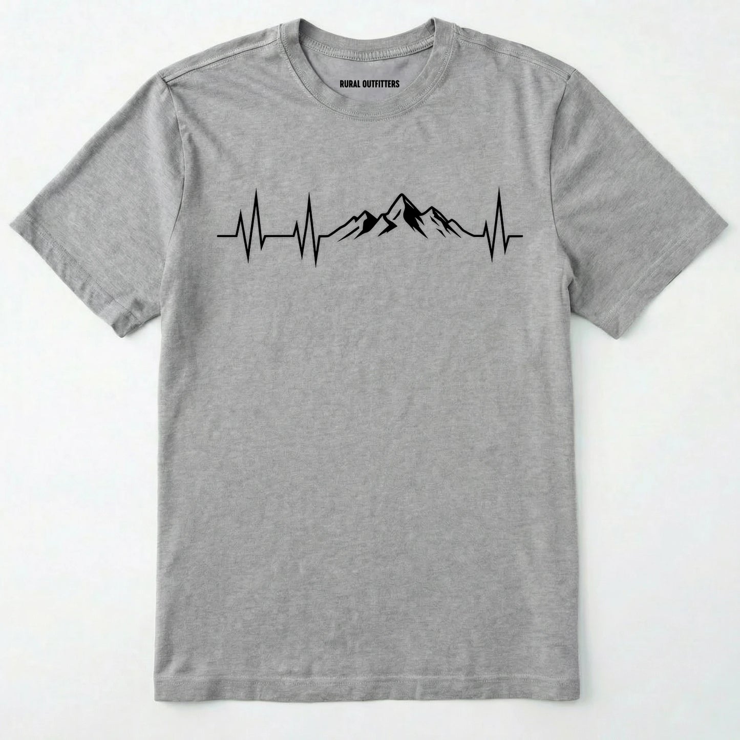 Sport Grey mountain heartbeat t-shirt featuring heartbeat and mountain peaks on a white background.
