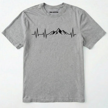 Sport Grey mountain heartbeat t-shirt featuring heartbeat and mountain peaks on a white background.