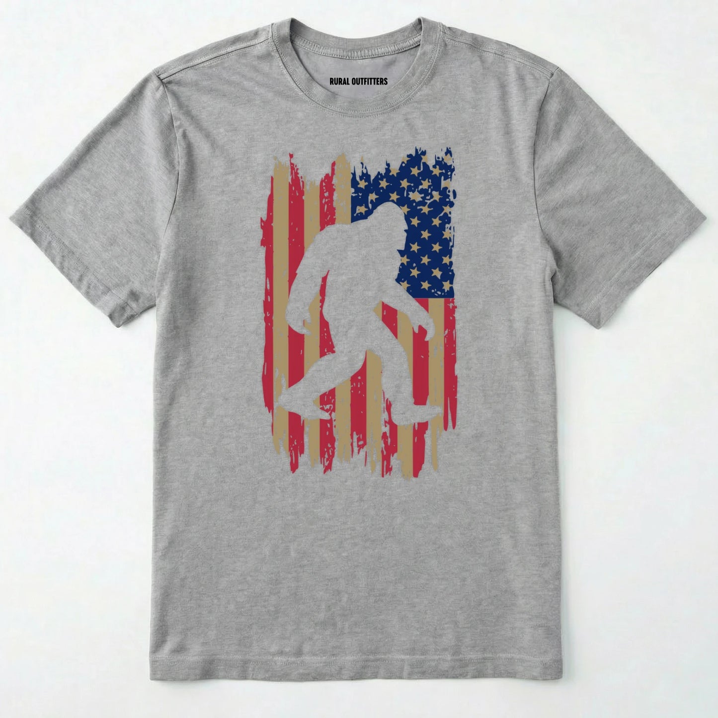 Sport Grey bigfoot american flag shirt featuring patriotic grunge background