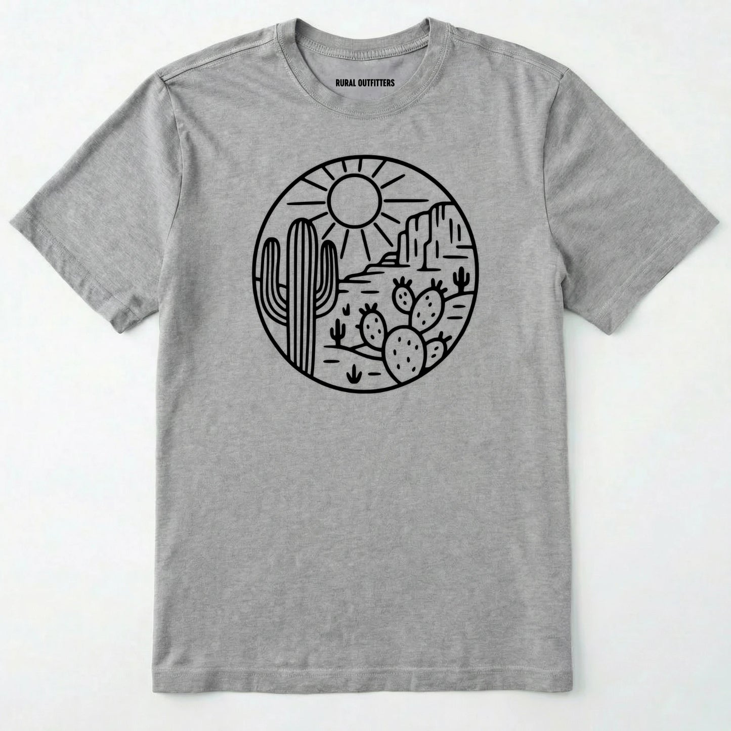 Sport Grey cactus shirt featuring desert landscape and cactus illustration on a white background.