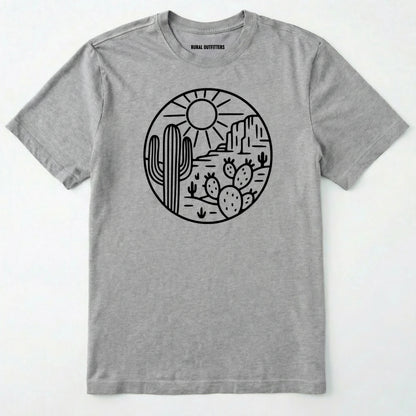 Sport Grey cactus shirt featuring desert landscape and cactus illustration on a white background.