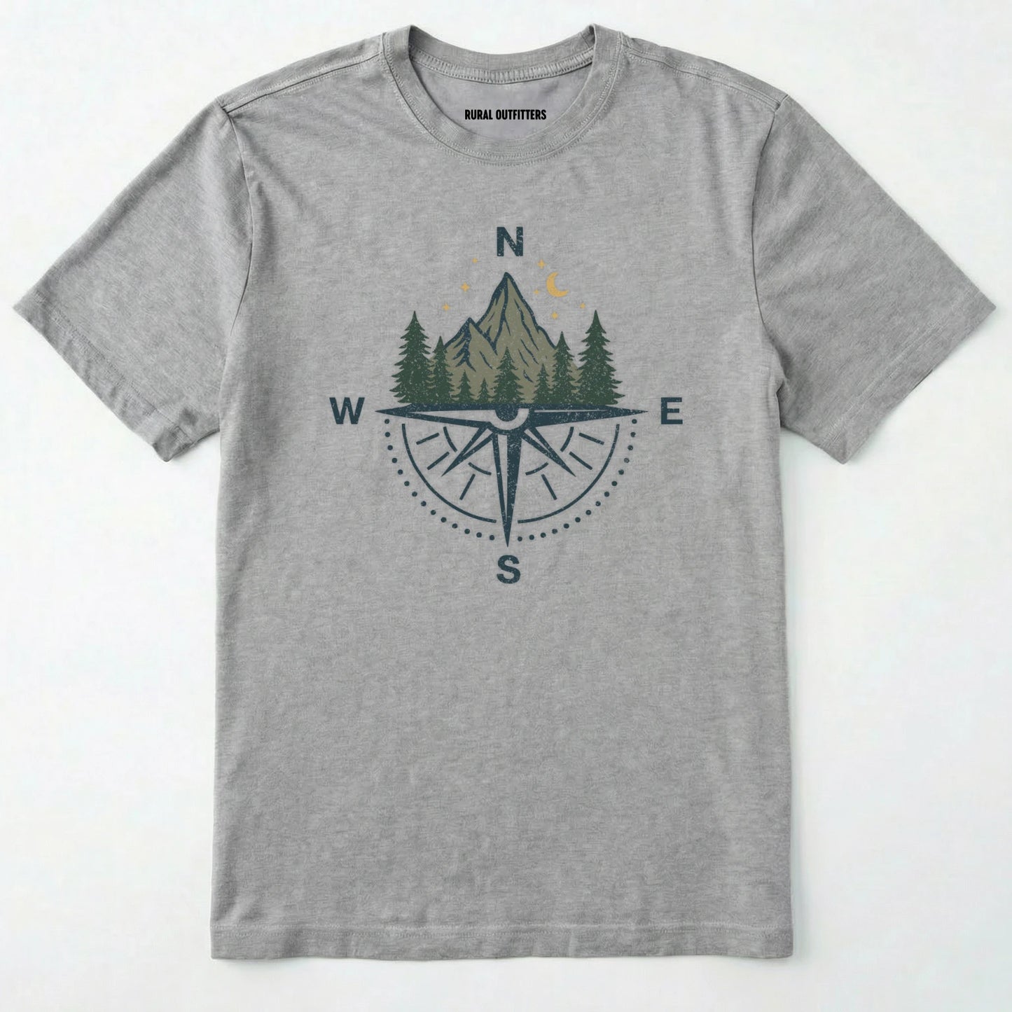 Sport Grey compass shirt with mountains and pine trees design on a white background.