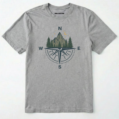 Sport Grey compass shirt with mountains and pine trees design on a white background.