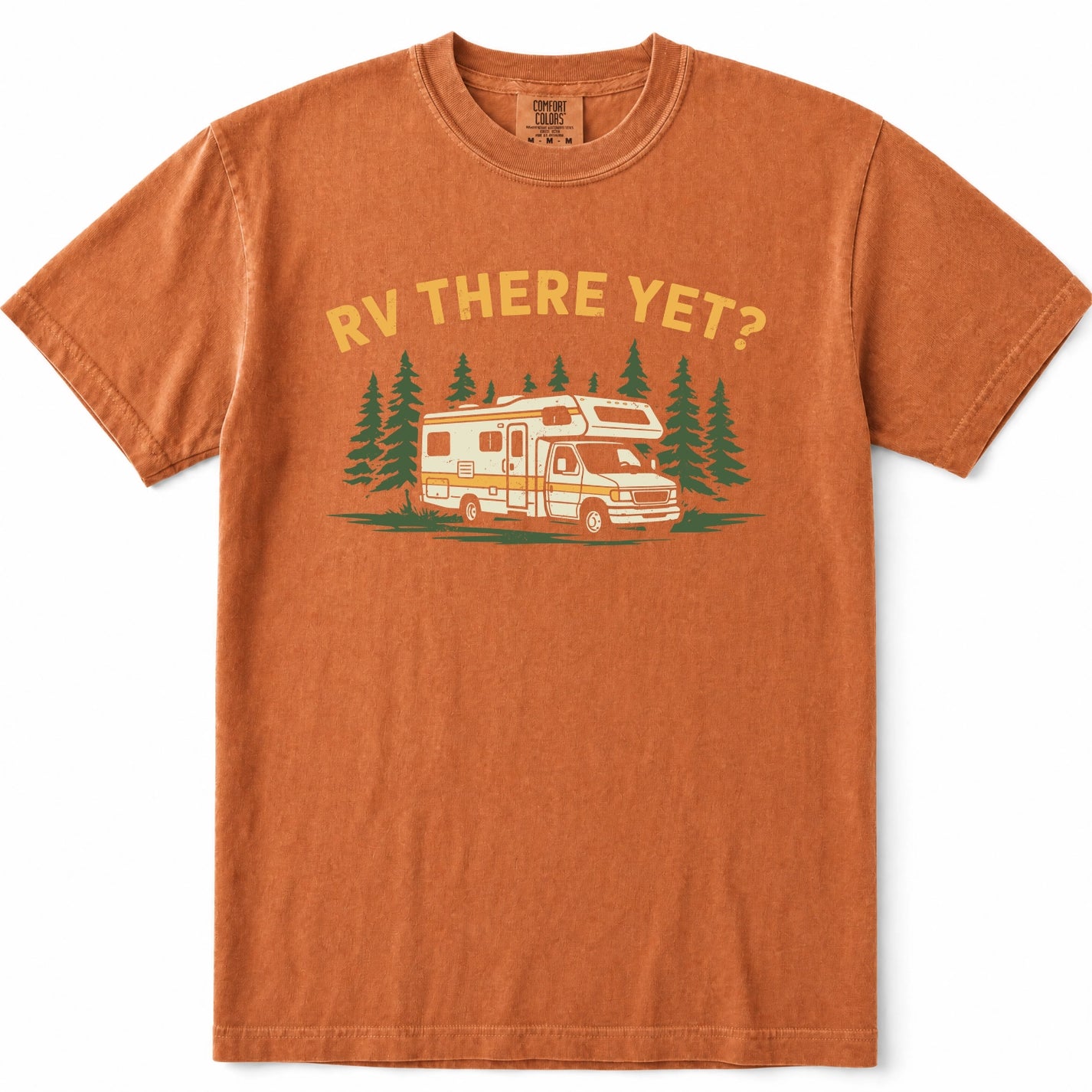 Yam orange crewneck t-shirt featuring a vintage-style graphic of a camper van parked in a pine forest with the text 'RV THERE YET?' printed above it.