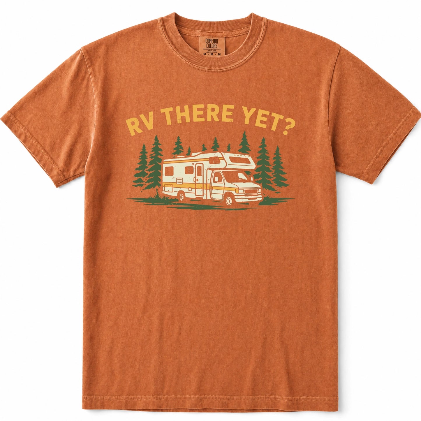 Yam orange crewneck t-shirt featuring a vintage-style graphic of a camper van parked in a pine forest with the text 'RV THERE YET?' printed above it.
