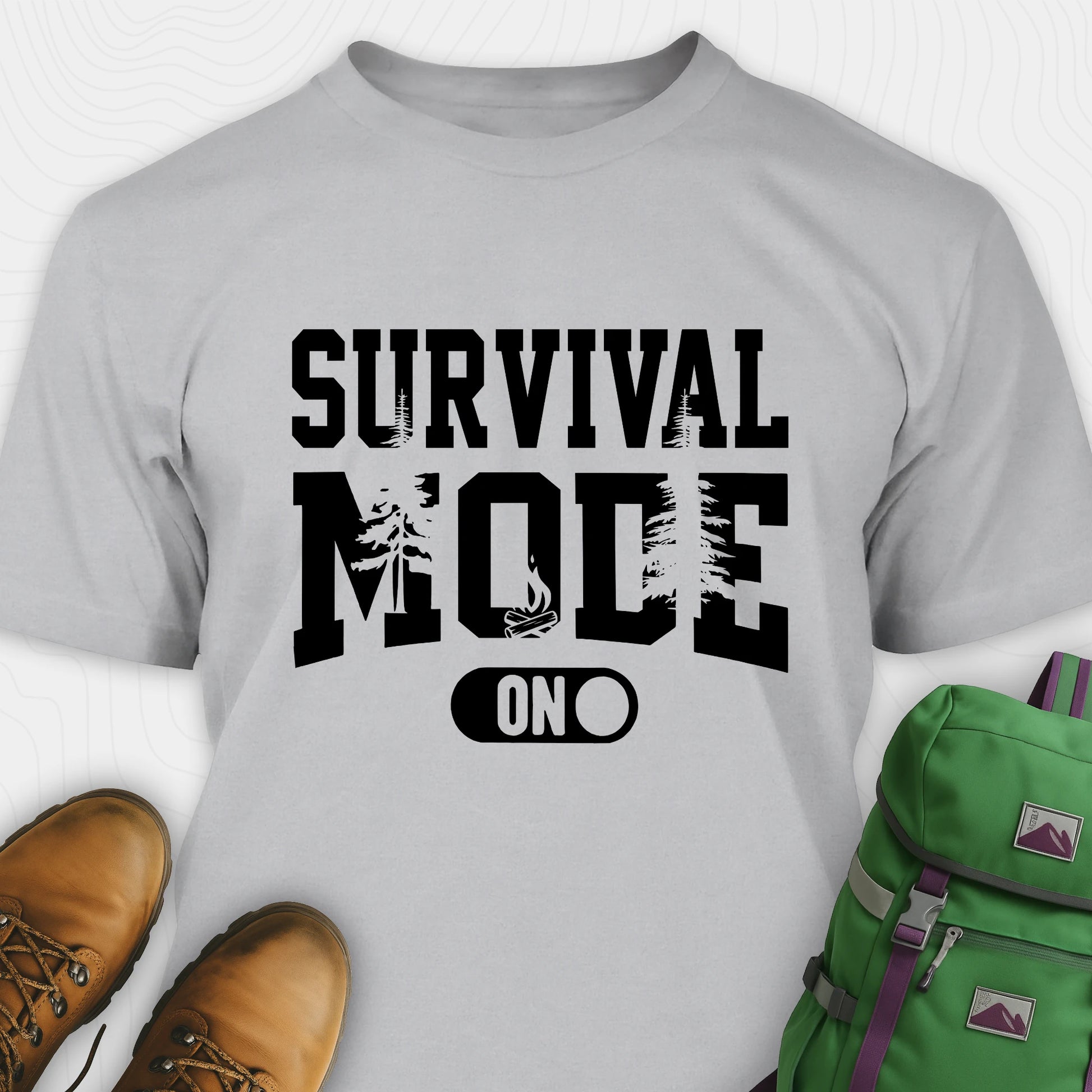 Grey survival mode shirt with camping-themed graphic and rugged text