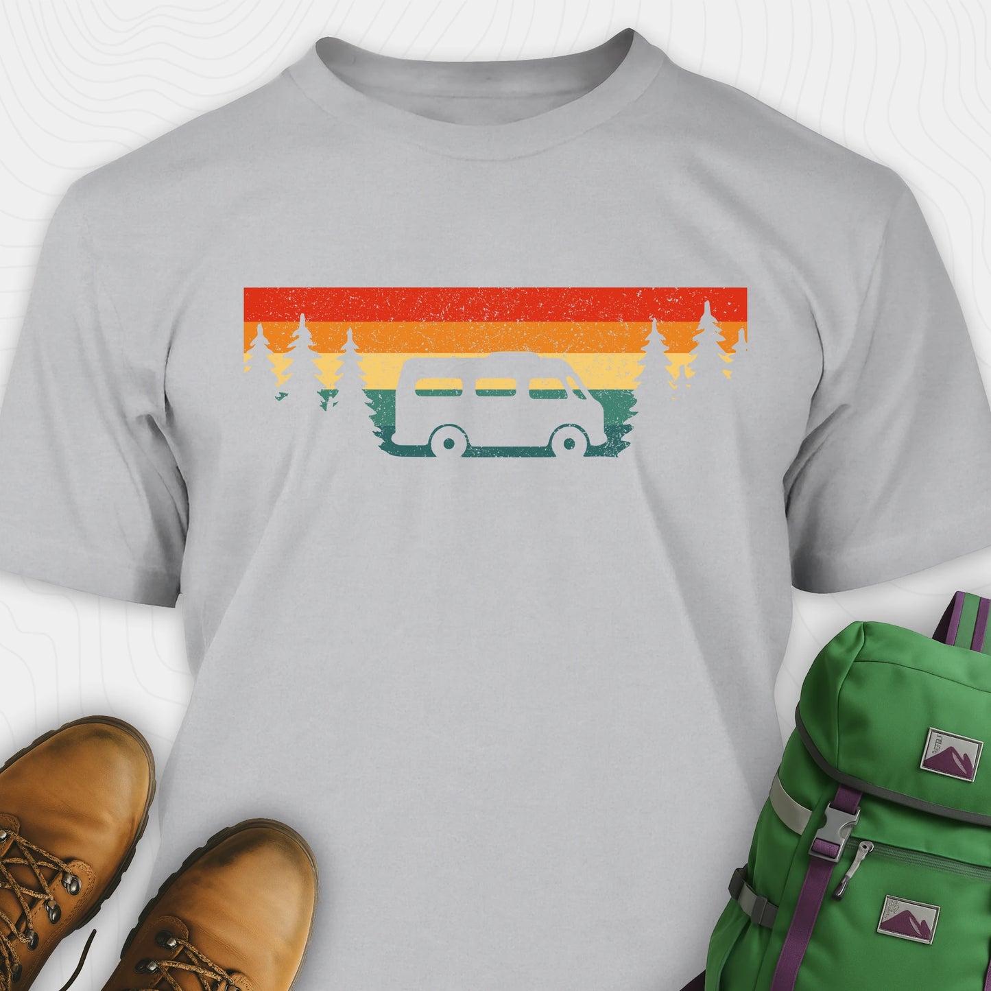 Grey retro camp shirt featuring forest silhouette and van design