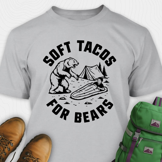 Sport Grey funny bear shirt with bear graphic and text 'Soft Tacos for Bears' on a white background.