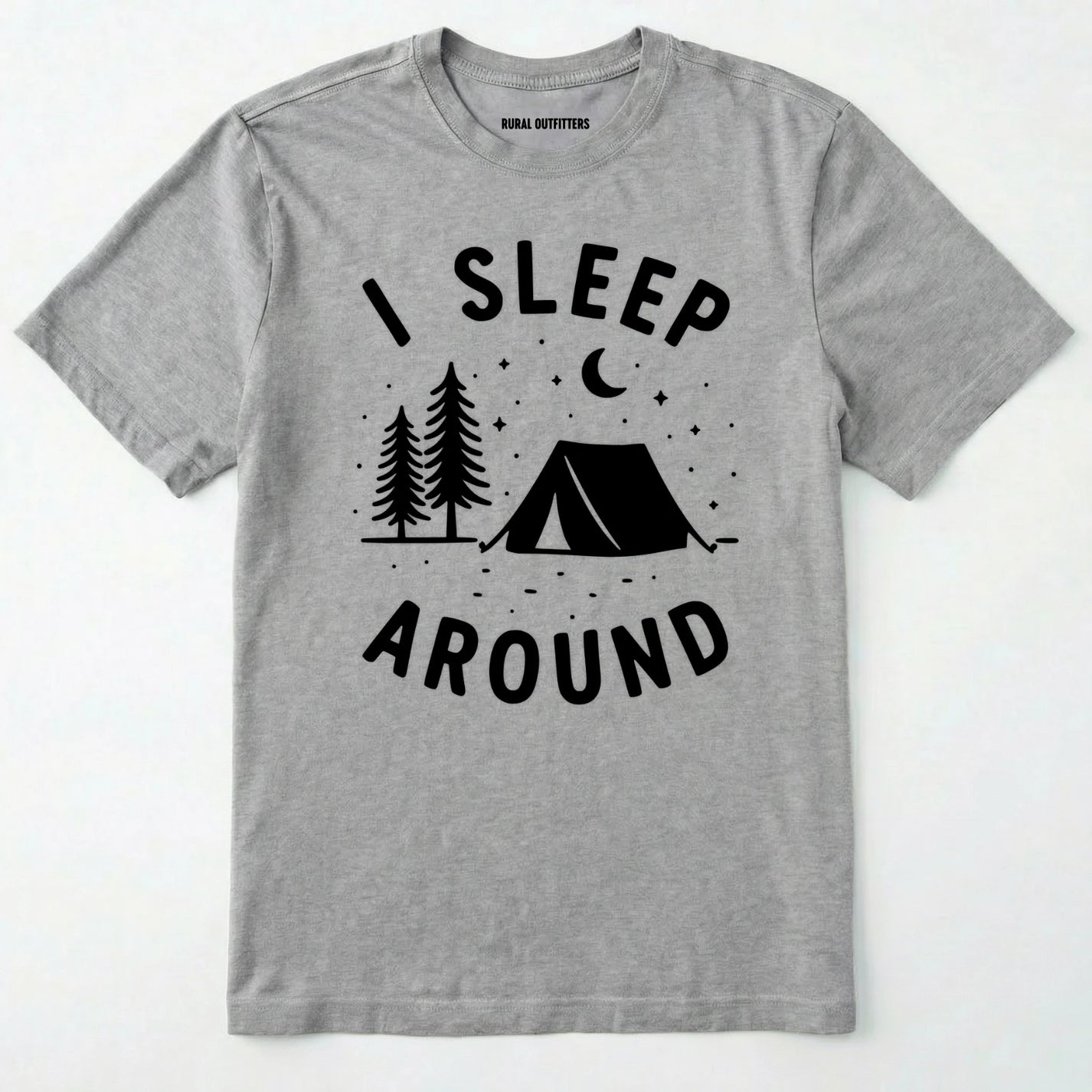 Sport Grey i sleep around camping shirt with tent, pine trees, moon and stars design on a white background.