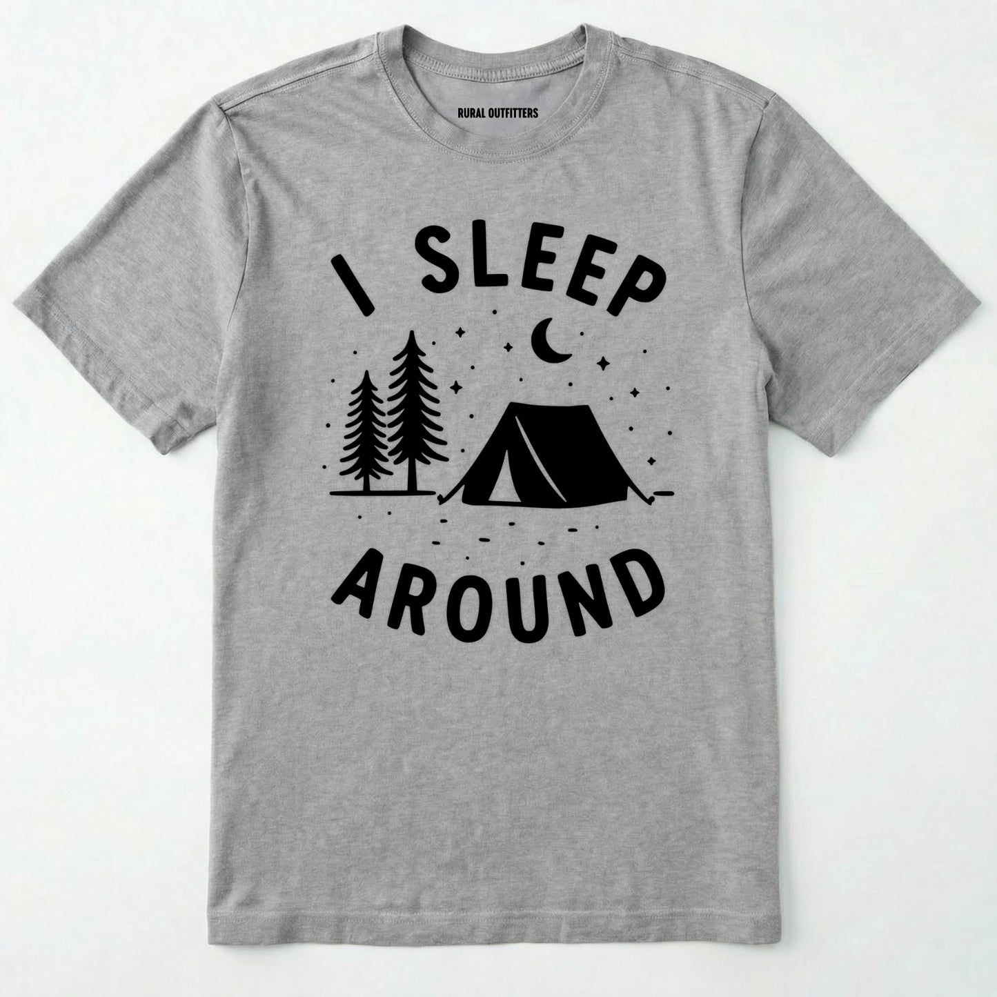 Sport Grey i sleep around camping shirt with tent, pine trees, moon and stars design on a white background.