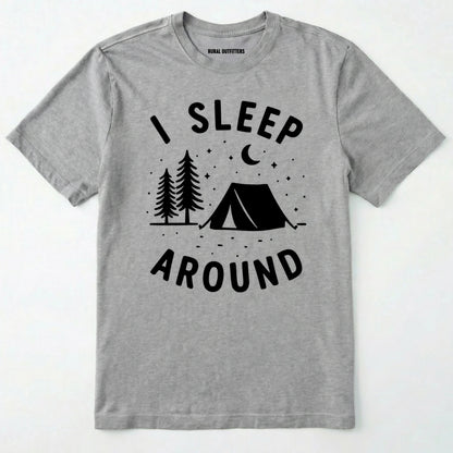 Sport Grey i sleep around camping shirt with tent, pine trees, moon and stars design on a white background.