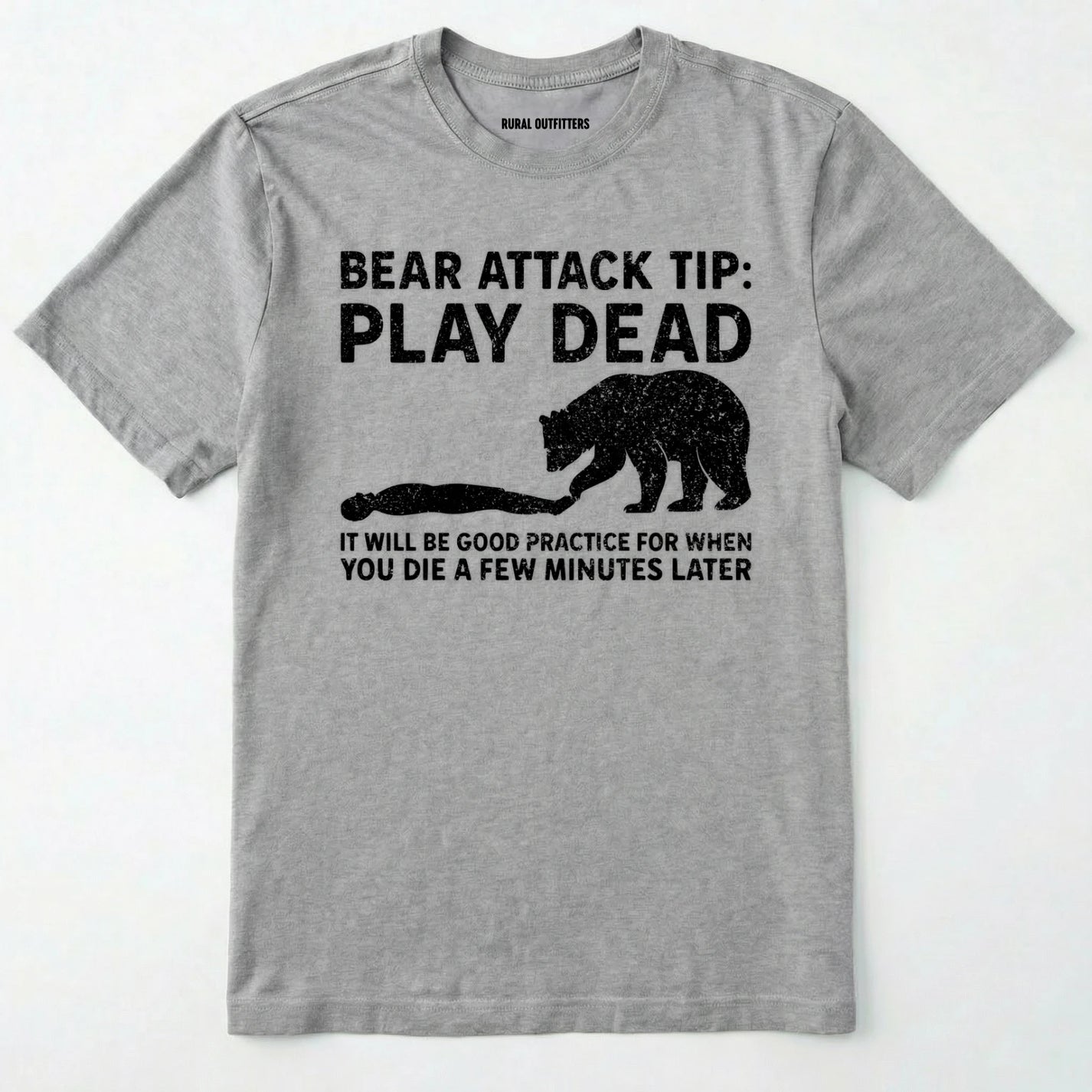 Sport Grey bear tee shirt with bear attack tip graphic and text on a white background.