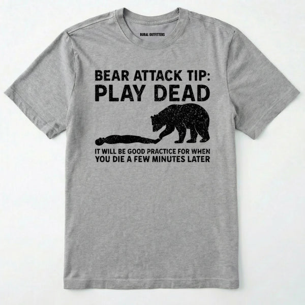 Sport Grey bear tee shirt with bear attack tip graphic and text on a white background.